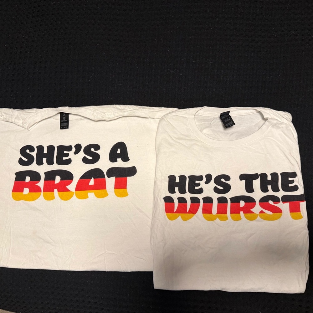 White Graphic Tee Pair "She's a Brat" & "He's the Wurst"